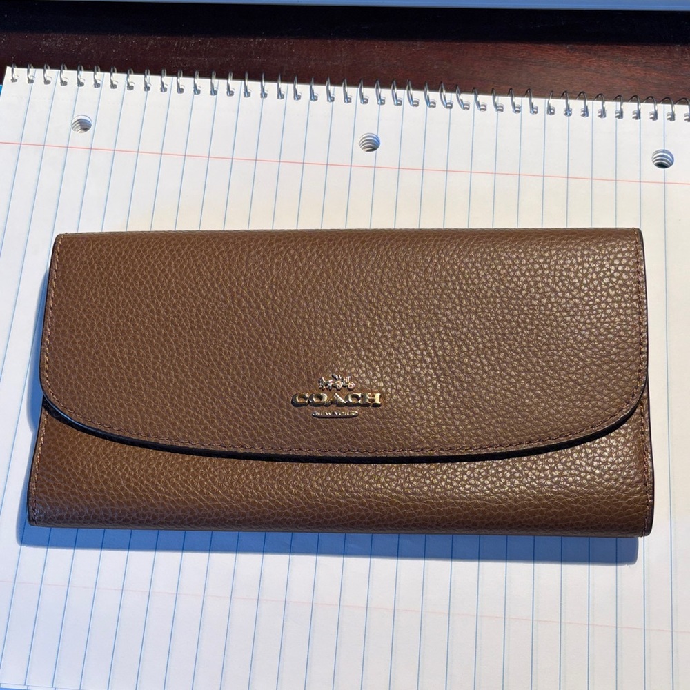 Coach Brown Pebbled Leather Flap Continental Wallet with Gold Logo
